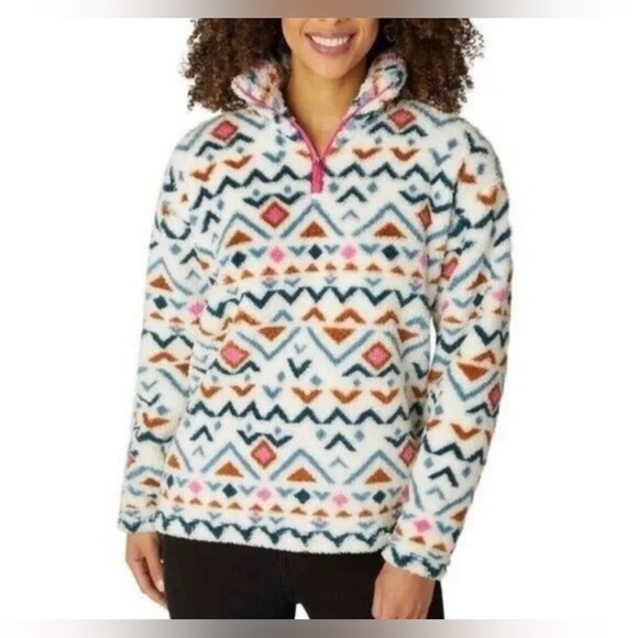 Eddie Bauer Size S Quest Plush Fleece Quarter Zip White Pink Teddy Pullover NWOT - Picture 1 of 8